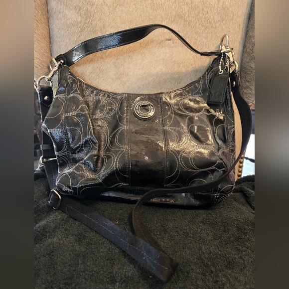 Coach black shiny dual straps hobo bag - Picture 1 of 5